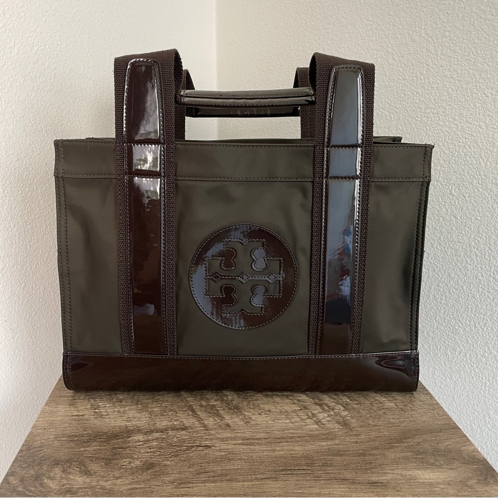 Tory Burch Dark Brown Nylon Tote with Patent Trim